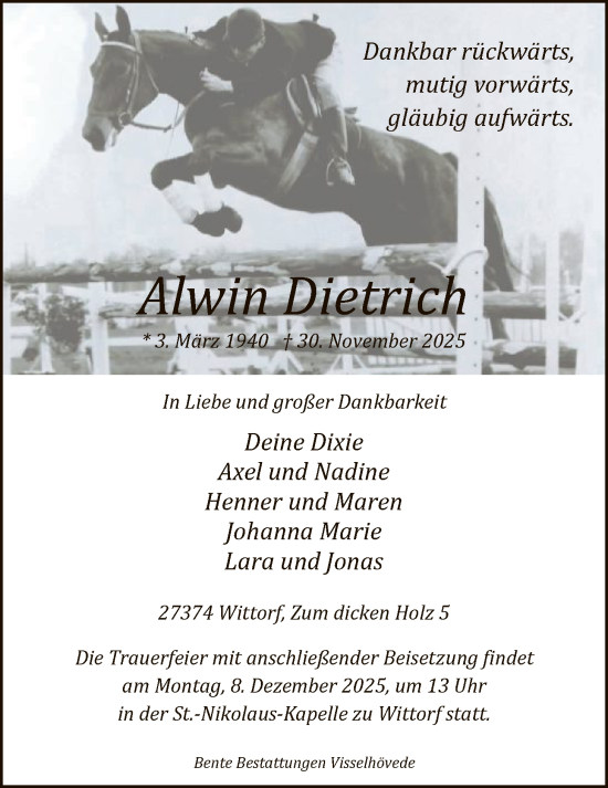 Traueranzeige von Alwin Dietrich von SYKR