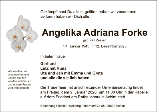 Traueranzeige von Angelika Adriana Forke von SYKS
