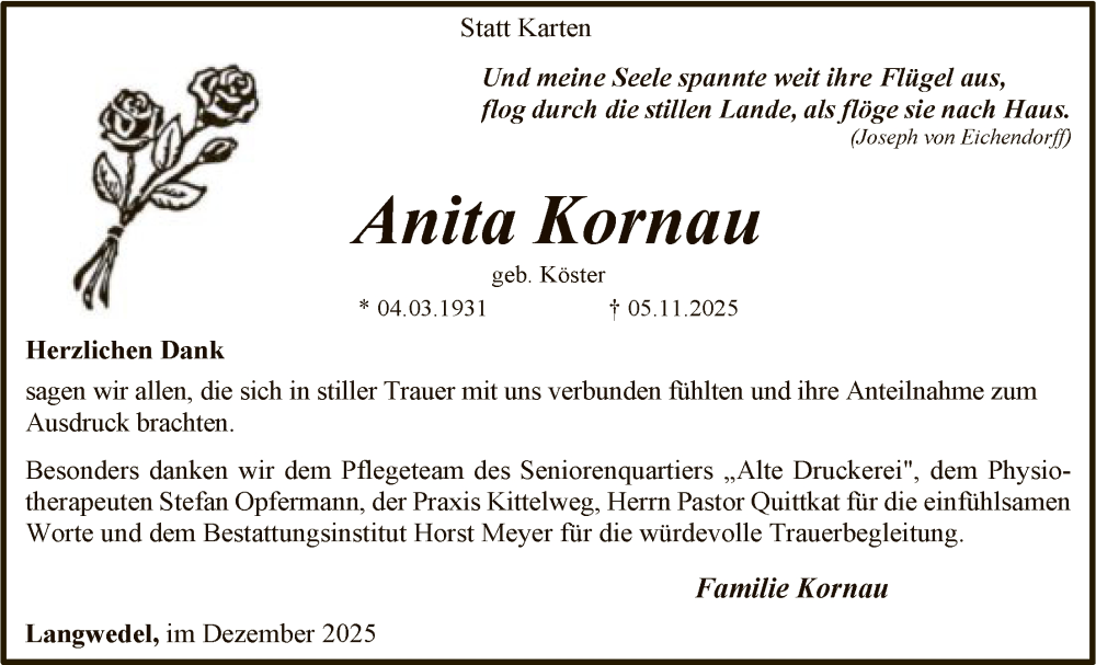  Traueranzeige für Anita Kornau vom 06.12.2025 aus SYKS