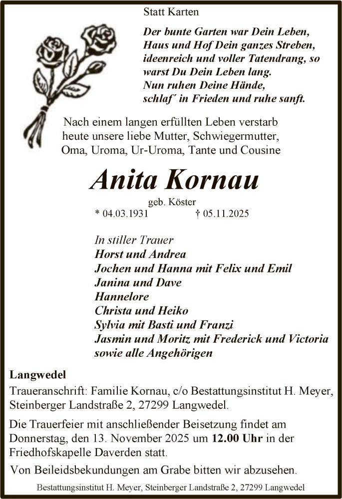  Traueranzeige für Anita Kornau vom 08.11.2025 aus SYKS