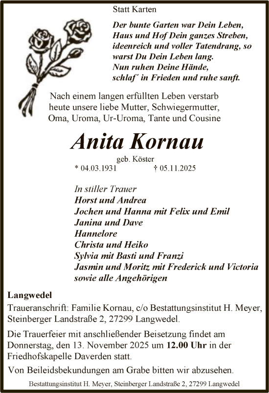 Traueranzeige von Anita Kornau von SYKS