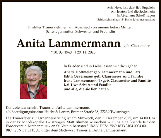 Traueranzeige von Anita Lammermann von SYWZSYKSSYKS