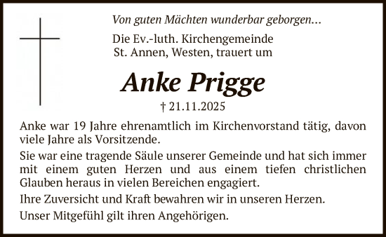 Traueranzeige von Anke Prigge von SYKS