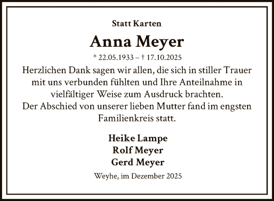 Traueranzeige von Anna Meyer von SYKS