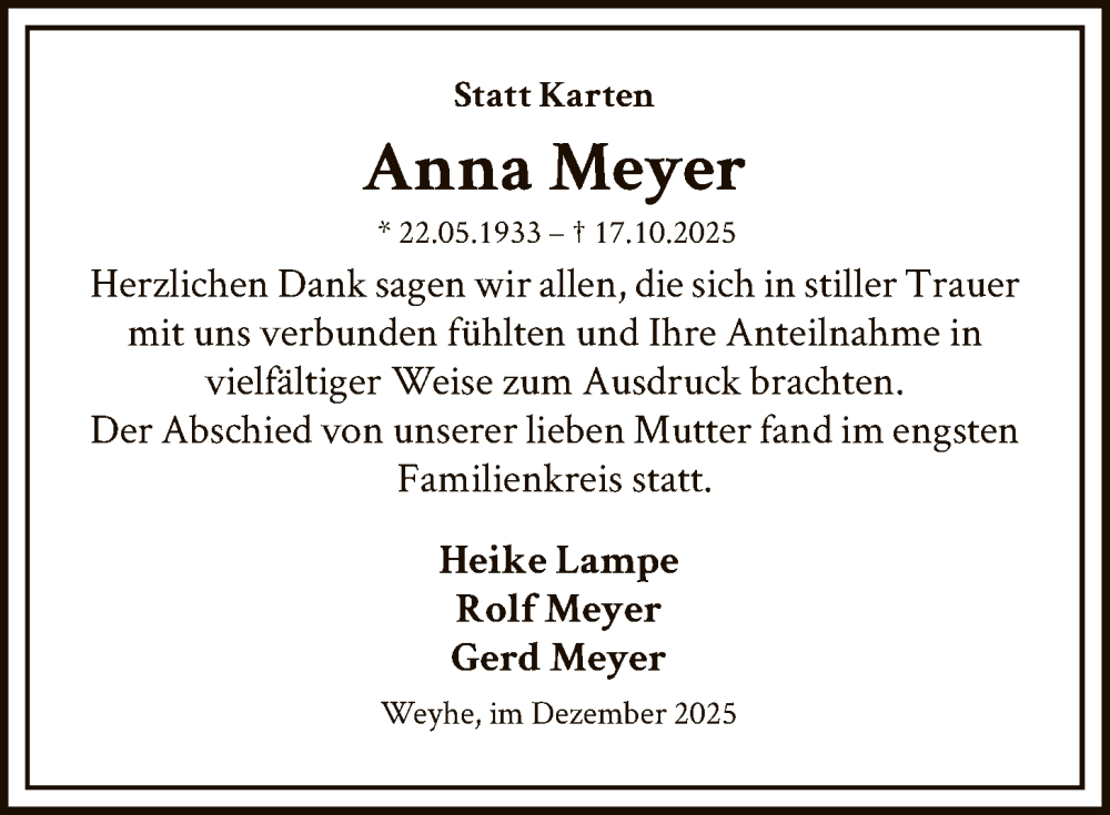  Traueranzeige für Anna Meyer vom 27.12.2025 aus SYKS