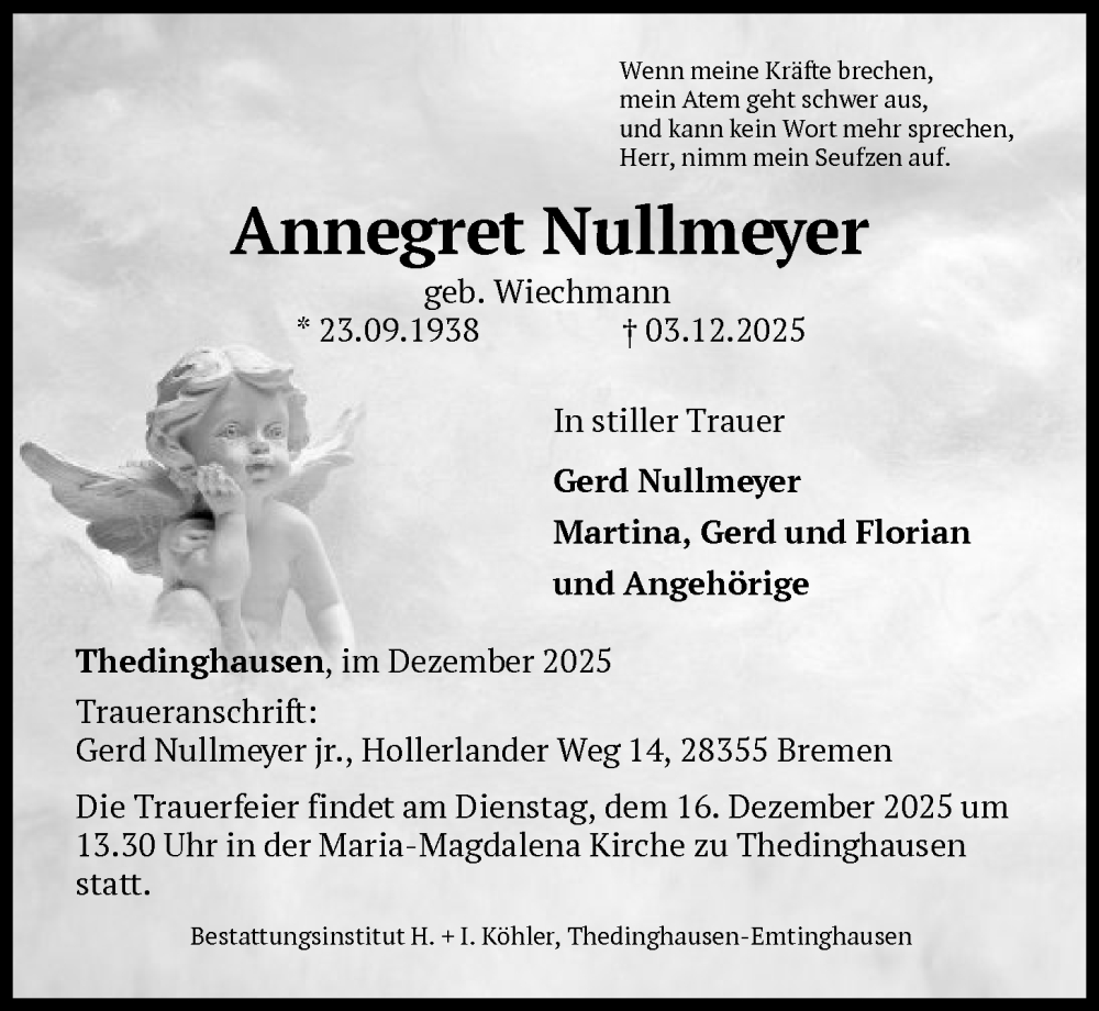  Traueranzeige für Annegret Nullmeyer vom 13.12.2025 aus SYKS