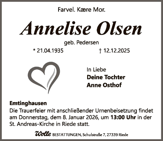Traueranzeige von Annelise Olsen von SYKS