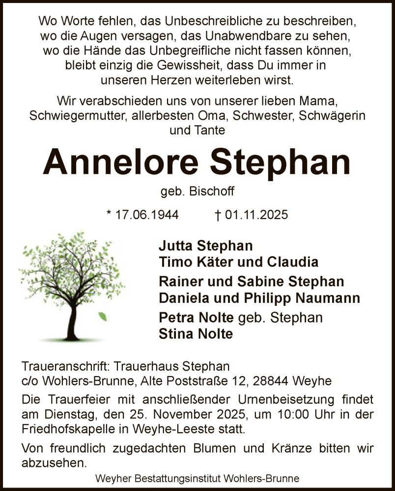  Traueranzeige für Annelore Stephan vom 08.11.2025 aus SYKS