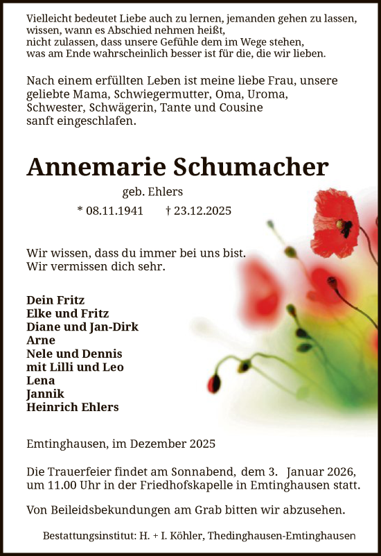 Traueranzeige von Annemarie Schumacher von SYKSSYKS