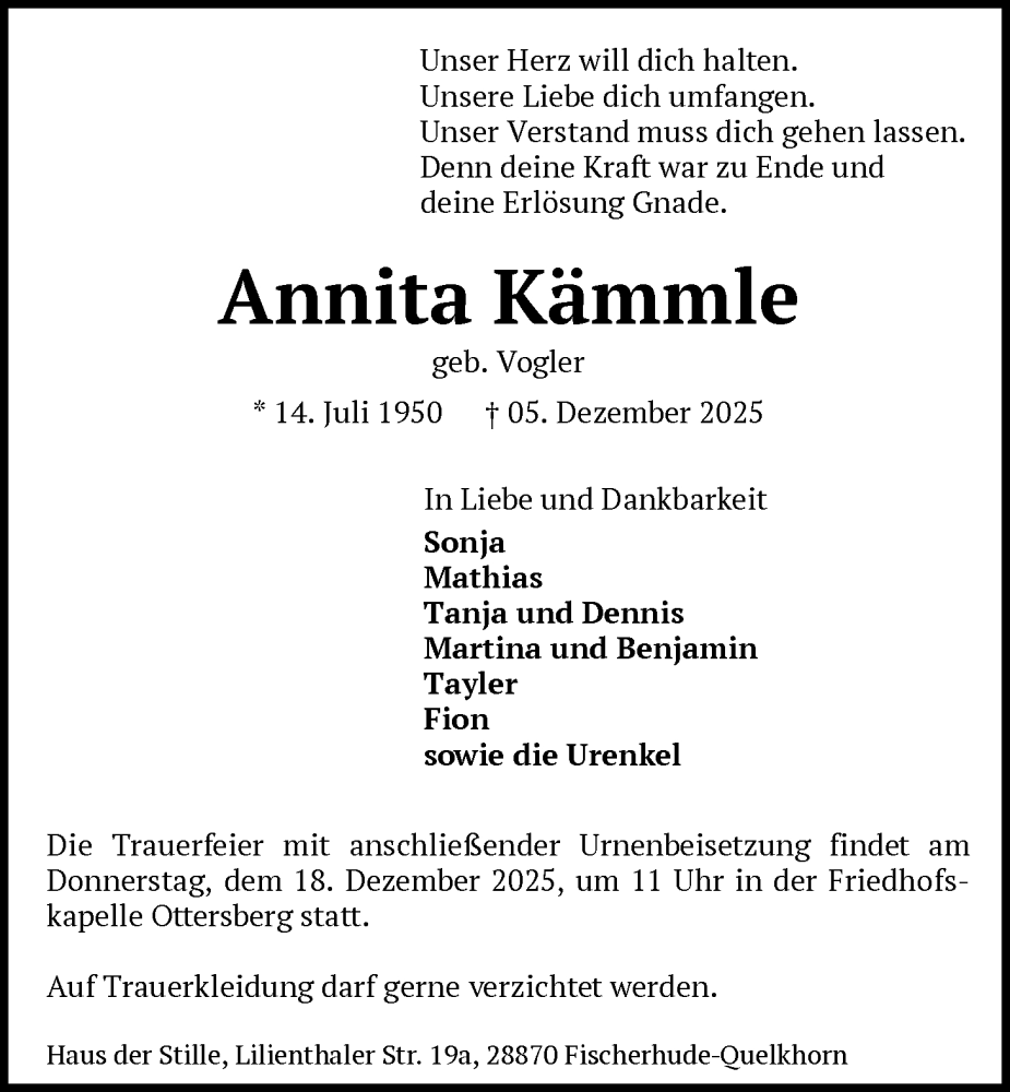  Traueranzeige für Annita Kämmle vom 13.12.2025 aus SYKR