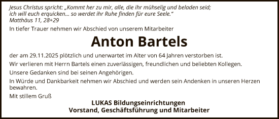 Traueranzeige von Anton Bartels von SYKS