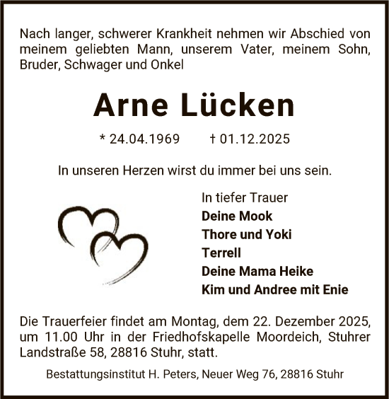 Traueranzeige von Arne Lücken von SYKS