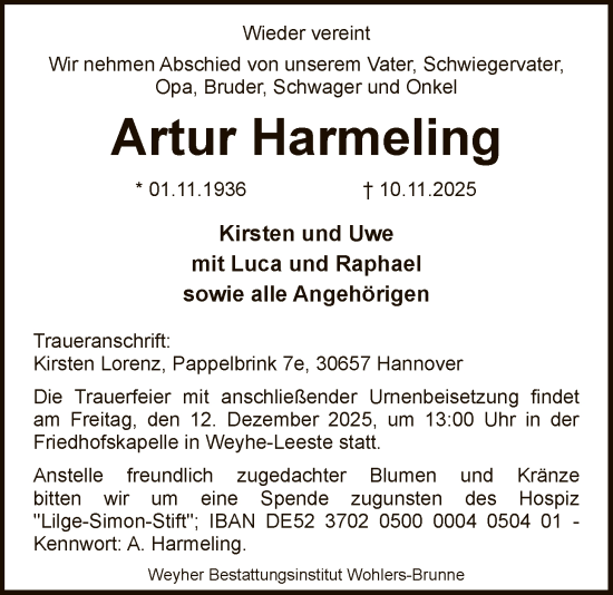 Traueranzeige von Artur Harmeling von SYKS