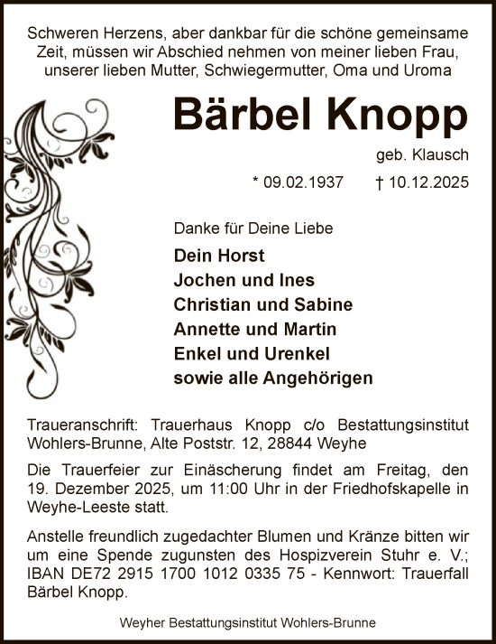 Traueranzeige von Bärbel Knopp von SYKS
