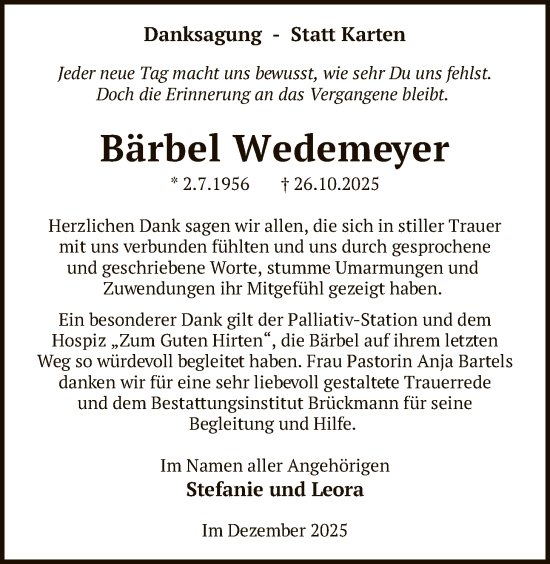 Traueranzeige von Bärbel Wedemeyer von SYKR