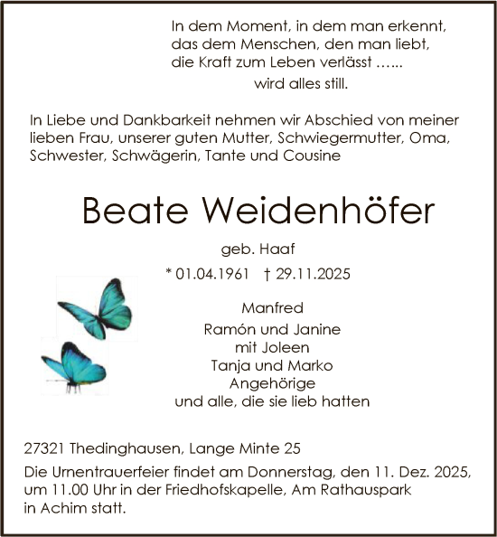 Traueranzeige von Beate Weidenhöfer von SYKS