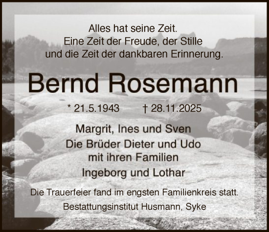 Traueranzeige von Bernd Rosemann von SYKS