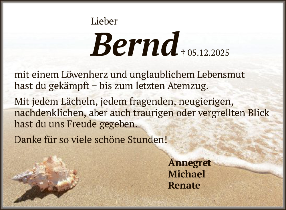  Traueranzeige für Bernd Wellbrock vom 20.12.2025 aus SYKS