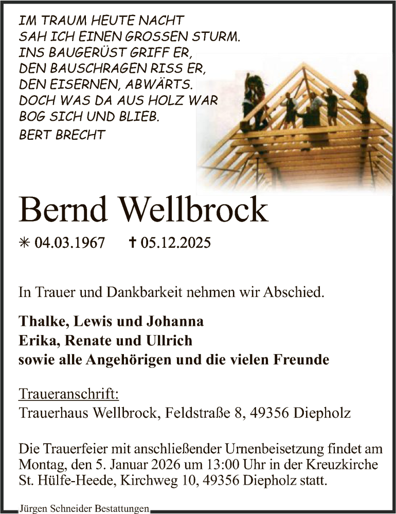 Traueranzeige für Bernd Wellbrock vom 20.12.2025 aus SYKS