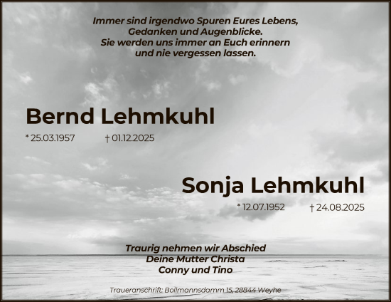 Traueranzeige von Bernd und Sonja Lehmkuhl von SYKS