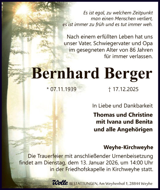 Traueranzeige von Bernhard Berger von SYKS