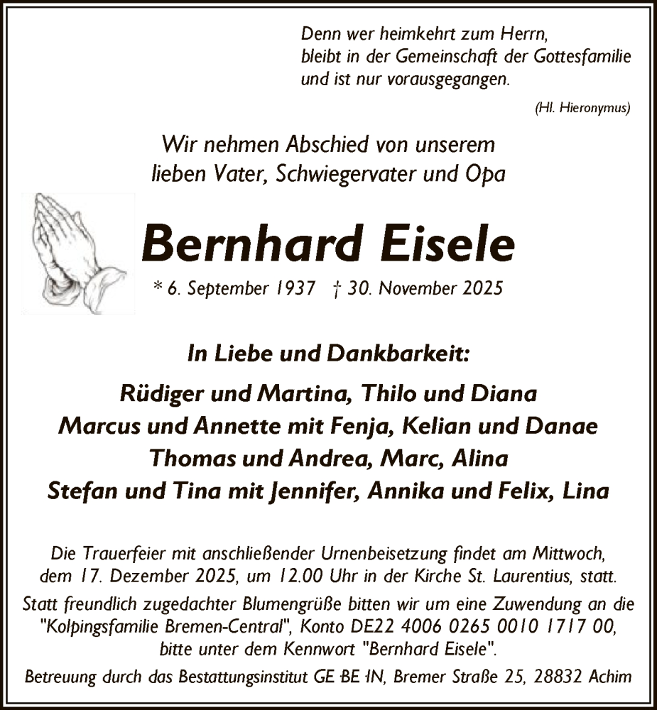  Traueranzeige für Bernhard Eisele vom 06.12.2025 aus SYKS