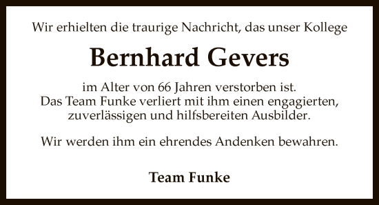 Traueranzeige von Bernhard Gevers von SYKS