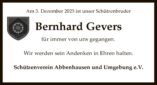 Traueranzeige von Bernhard Gevers von SYKS