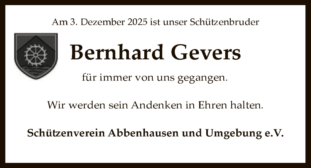  Traueranzeige für Bernhard Gevers vom 13.12.2025 aus SYKS