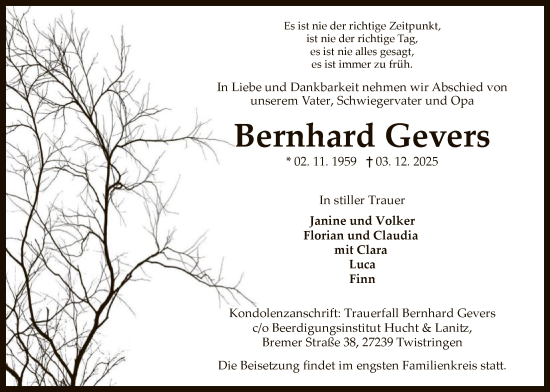 Traueranzeige von Bernhard Gevers von SYKSSYKS