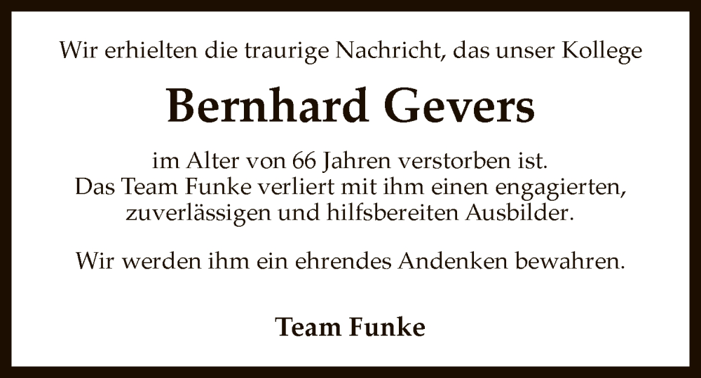  Traueranzeige für Bernhard Gevers vom 18.12.2025 aus SYKS