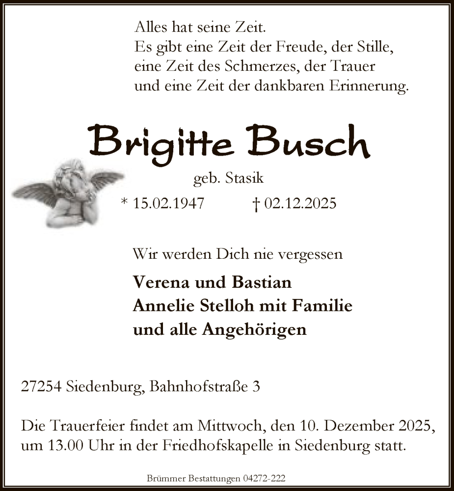 Traueranzeige für Brigitte Busch vom 06.12.2025 aus SYKS