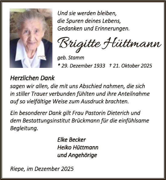 Traueranzeige von Brigitte Hüttmann von SYKR