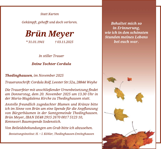 Traueranzeige von Brün Meyer von SYKS