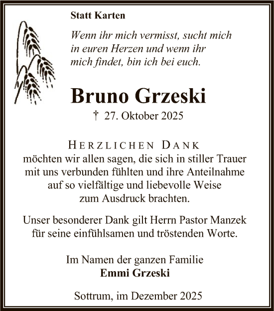 Traueranzeige von Bruno Grzeski von SYKR