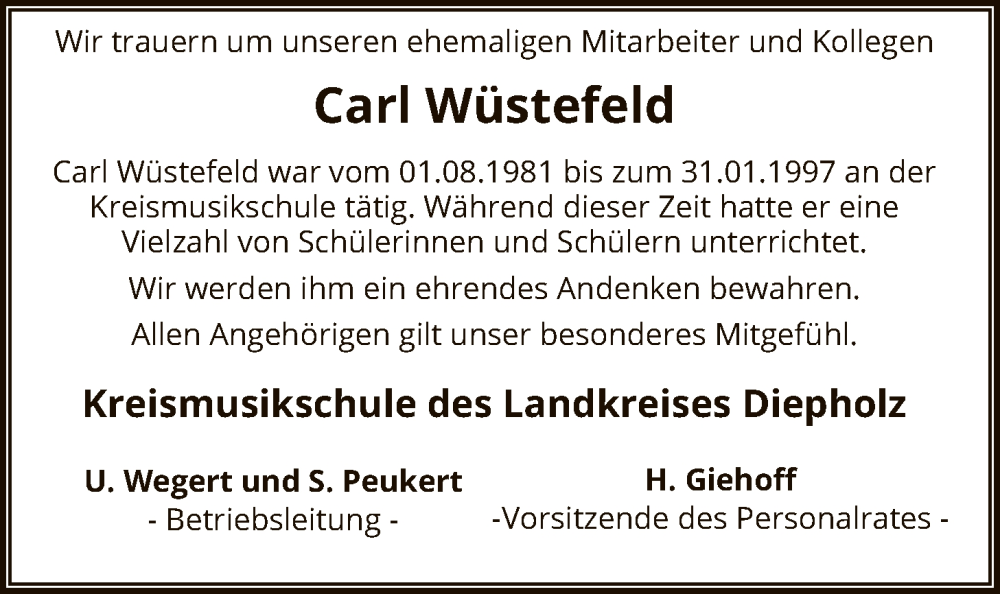  Traueranzeige für Carl Wüstefeld vom 27.12.2025 aus SYKS