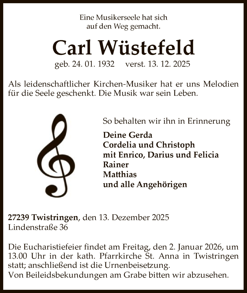  Traueranzeige für Carl Wüstefeld vom 20.12.2025 aus SYKS