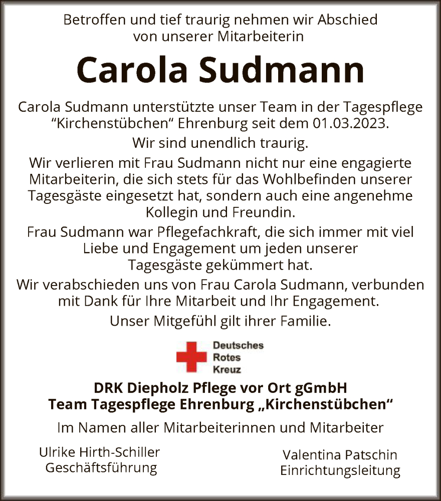  Traueranzeige für Carola Sudmann vom 20.12.2025 aus SYKS