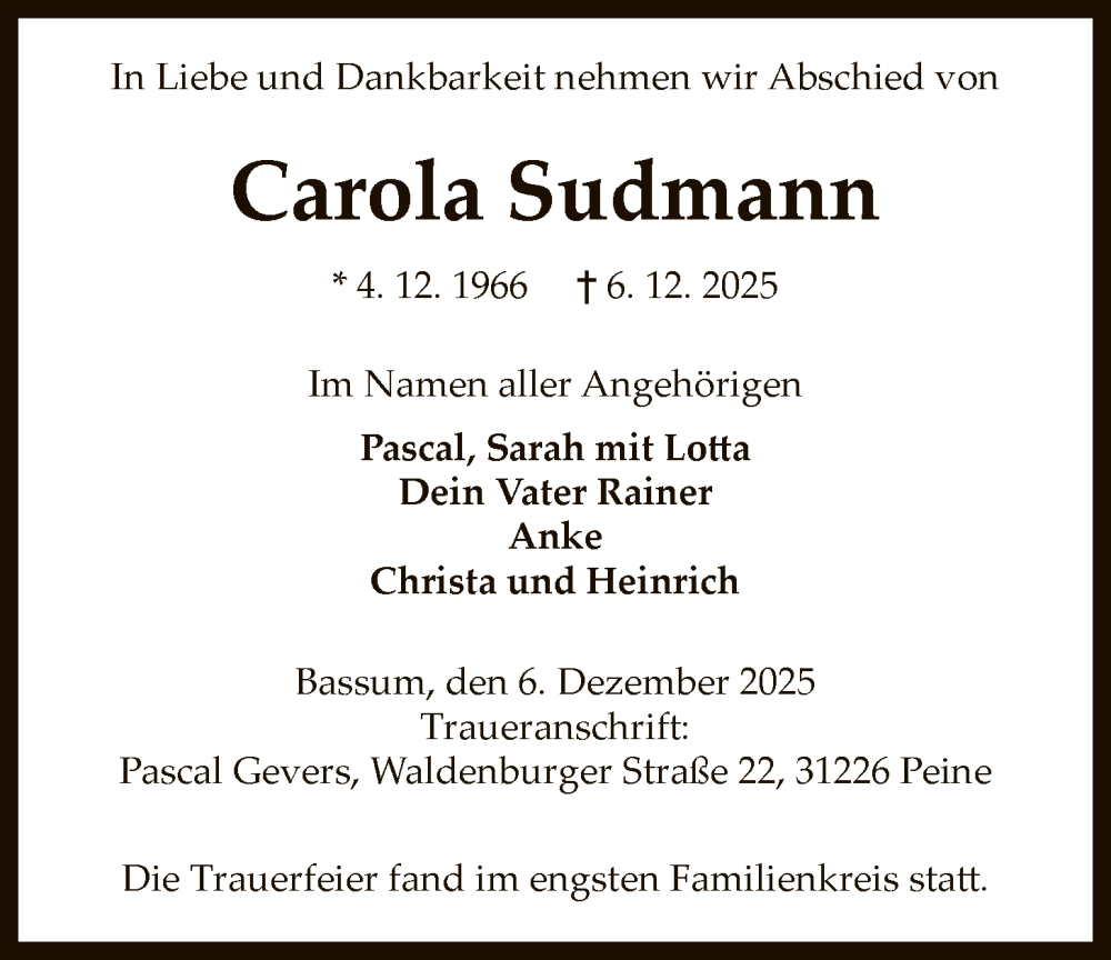  Traueranzeige für Carola Sudmann vom 20.12.2025 aus SYKS
