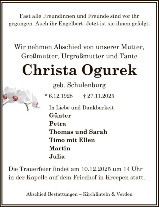 Traueranzeige von Christa Ogurek von SYKS