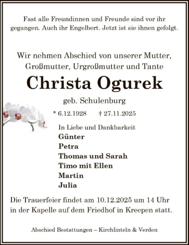  Traueranzeige für Christa Ogurek vom 06.12.2025 aus SYKS
