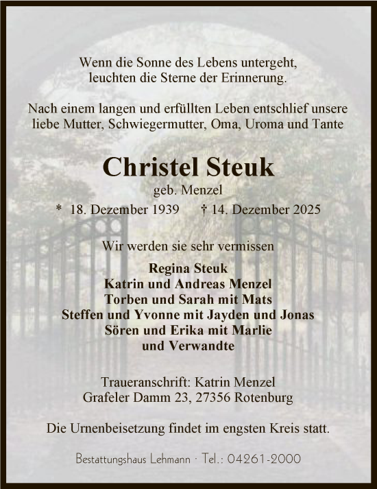 Traueranzeige von Christel Steuk von SYKR