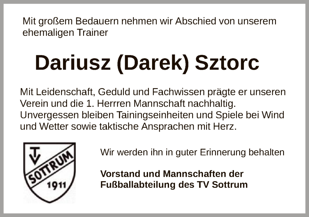  Traueranzeige für Dariusz Sztorc vom 30.12.2025 aus SYKR