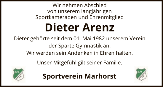 Traueranzeige von Dieter Arenz von SYKS