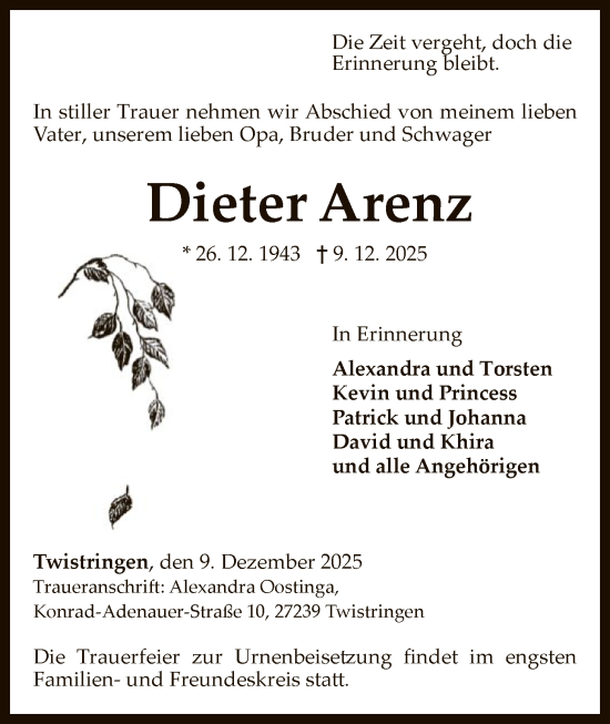 Traueranzeige von Dieter Arenz von SYKS