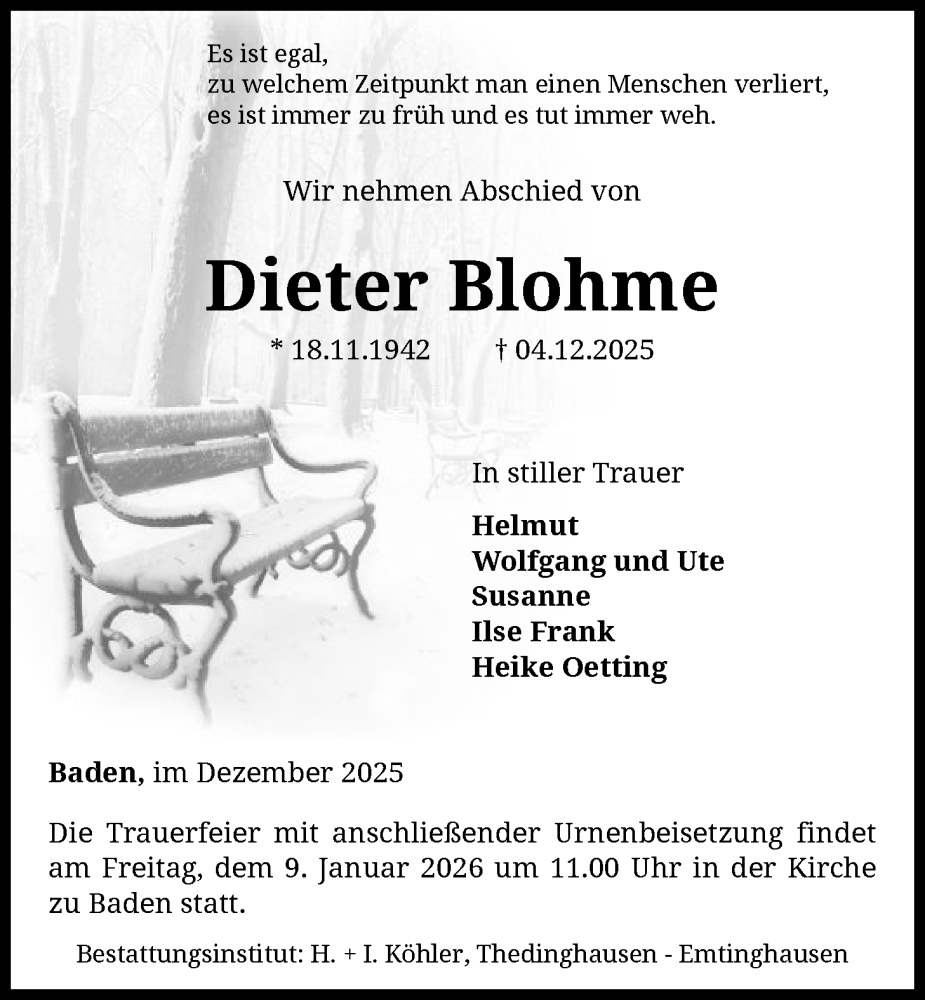  Traueranzeige für Dieter Blohme vom 27.12.2025 aus SYKS