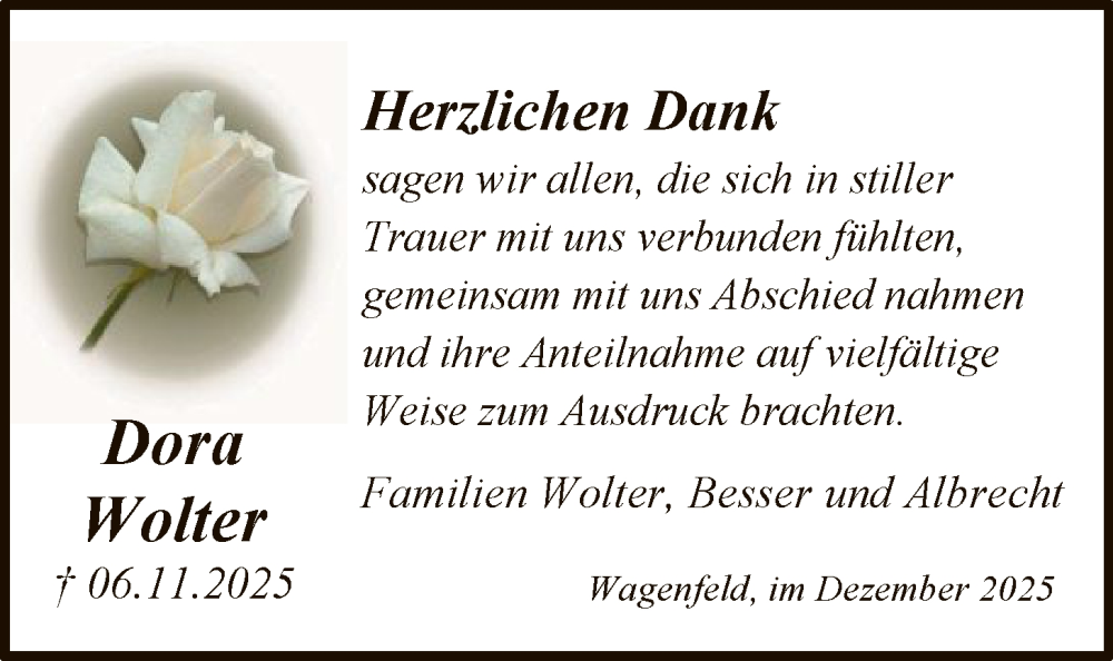  Traueranzeige für Dora Wolter vom 20.12.2025 aus SYKS