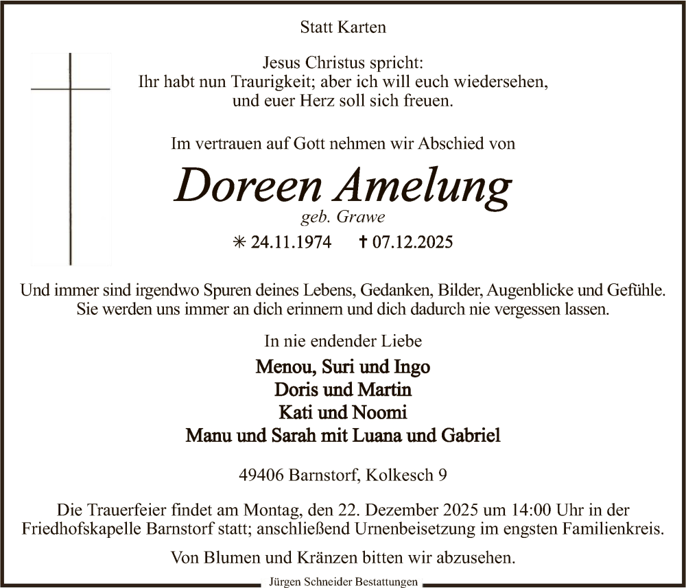  Traueranzeige für Doreen Amelung vom 13.12.2025 aus SYKS