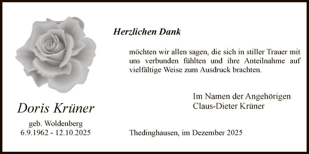  Traueranzeige für Doris Krüner vom 20.12.2025 aus SYKS