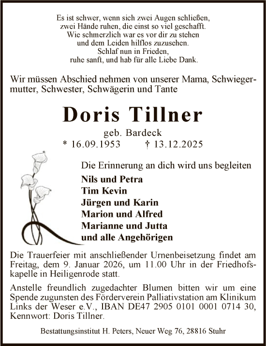 Traueranzeige von Doris Tillner von SYKS